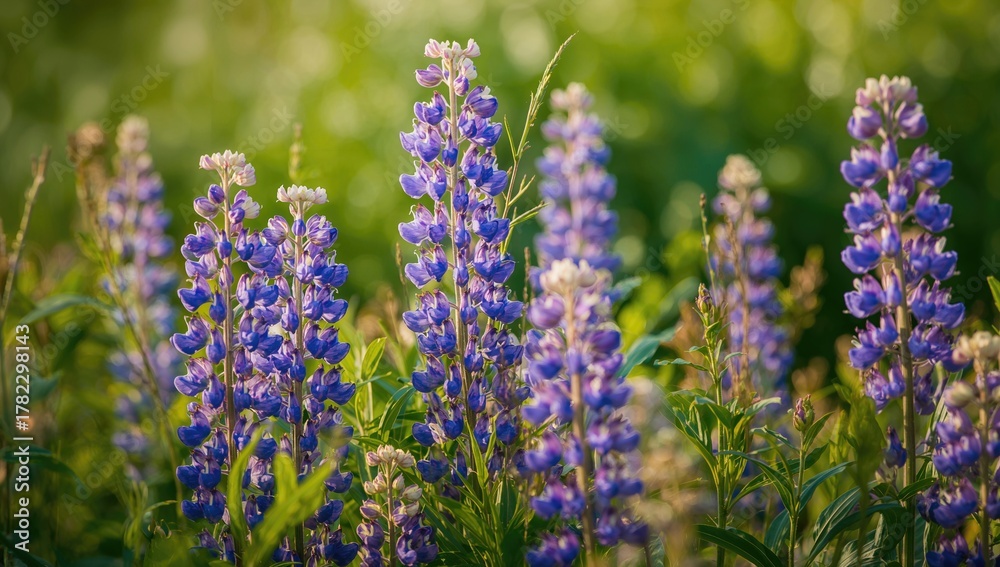 Fototapeta premium Blue lupine blossoms against a verdant backdrop, symbolizing seasonal change