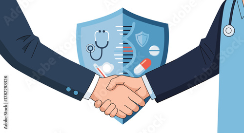 Professional handshake symbolizing a healthcare agreement or medical protection, with a shield graphic featuring DNA, stethoscope, pills, and thermometer, representing science and health
