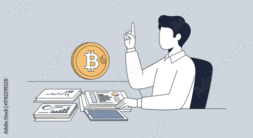 A person sitting at a desk, raising a finger in a moment of insight, next to a floating Bitcoin coin and stacks of financial documents, symbolizing cryptocurrency, finance, blockchain, investment