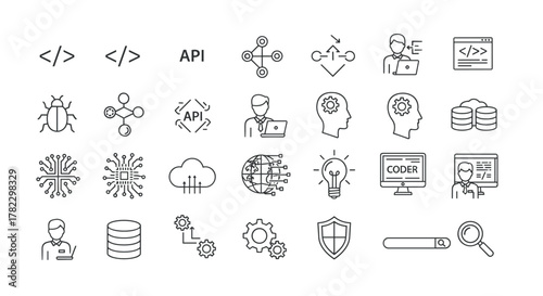A comprehensive set of line-style web icons representing programming and coding concepts, including software development for web and mobile applications, code snippets, API interfaces, programmers