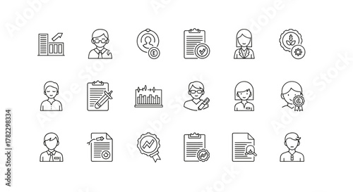 Quality control icon set featuring inspection, evaluation, checklist, analysis, product quality assurance, rewards, bad quality indicators, settings, and customer satisfaction symbols, presented in a