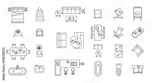 Set of isolated linear icons for interior design, top view. Vector illustration of furniture and elements for apartments, living room, bedroom, dining room, bathroom, and kitchen, including beds