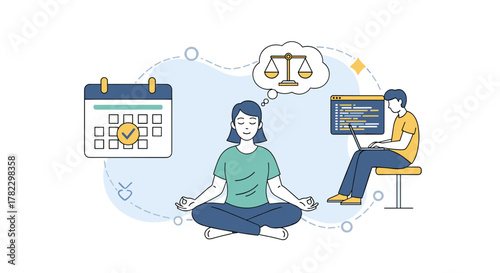 Vivid illustration of a person meditating in lotus pose, symbolizing mindfulness and inner peace, juxtaposed with a calendar for organizing tasks and an individual coding on a laptop, representing