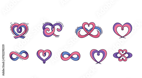 Collection of abstract love logos and infinity symbols in pink, purple, and blue, representing connection, relationships, and eternal bonds, perfect for branding and design projects, isolated on a