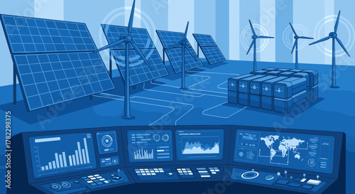Futuristic blue vector illustration of a sustainable energy microgrid control room, featuring solar panels, wind turbines, battery storage, and advanced monitoring screens displaying global data and