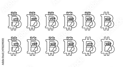 Monogram Letter B Bitcoin Symbol Silhouette of Queen with Crown, Vector Cartoon Illustration on White Background, Ordered Set, Line Icon, Cryptocurrency Concept, Digital Currency, Royal Emblem
