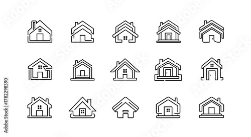 Modern Line Art House Logo Design Set: A Collection of Minimalist, Clean, and Contemporary Home Icons. This Ordered Vector Cartoon Illustration Features Various Stylized House Silhouettes with a