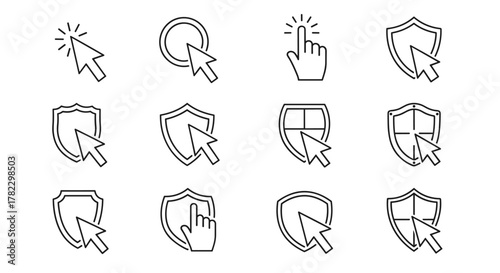 Collection of outline icons featuring cursors and shields, symbolizing security, protection, and digital interaction. Ideal for web design, app interfaces, advertising, and graphic elements on a