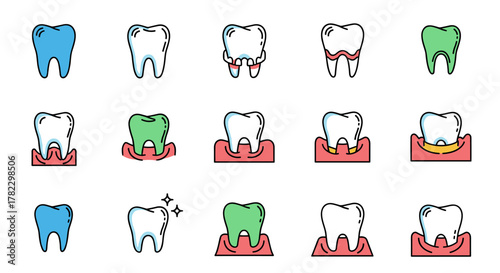 Collection of minimalistic vector cartoon illustrations depicting various tooth conditions and dental health concepts, including healthy teeth, teeth with braces, gingivitis, and sparkling clean