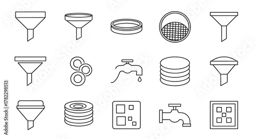 Collection of outline symbols of filter, sieve, faucet, and stacked discs, drawn with thin lines on a white background, suitable for graphics, cards, websites, and apps, presented as a vector cartoon