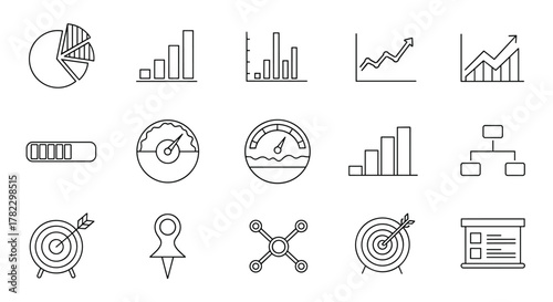 Collection of outline icons representing business and finance concepts, including pie charts, bar graphs, progress bars, speedometers, targets, organizational charts, and presentation boards, perfect
