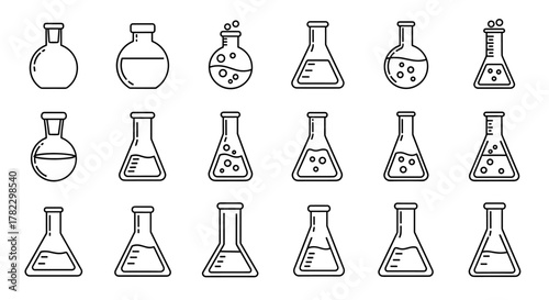 Collection of outline laboratory flasks and beakers, including Erlenmeyer, round-bottom, and volumetric flasks, symbolizing science, research, and experimentation, perfect for graphic design, web