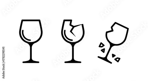 Minimalistic set of three wine glass icons, one intact and two broken, symbolizing fragility and accidents, presented as vector cartoon illustrations on a clean white background, perfect for graphic