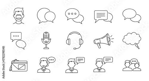 A collection of minimalistic thin line icons representing communication and dialogue, featuring a man talking, speech bubbles, a microphone, headphones, a megaphone, and a thought bubble, perfect for