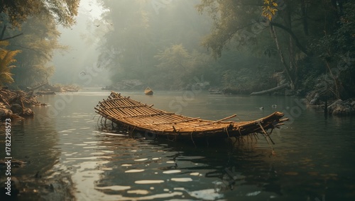 A bamboo raft drifting along a river, promoting sustainable transportation
