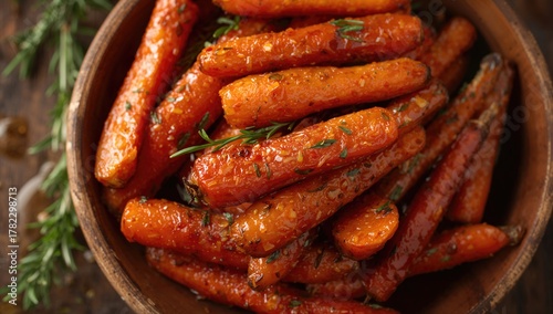 Garlic honey glazed carrots, vibrant colors for editorial header background