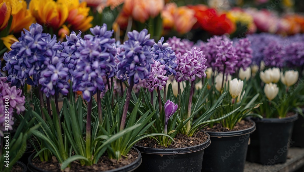 Fototapeta premium Bulbous perennial flowers available at a market, vibrant early spring hyacinths and crocuses in plastic pots, beneficial for gardening