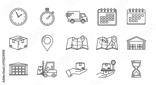 A collection of outline icons representing logistics and delivery services, including a clock, stopwatch, delivery truck, calendar, package, location pin, maps with routes, warehouse, forklift, hand