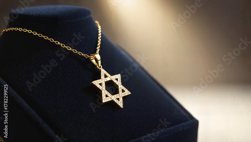 Star of David gold pendant on dark jewelry display