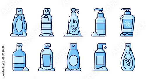 Collection of ten blue outline icons representing various bottles of shampoo, conditioner, and soap, some with foam and drips, suitable for graphic and web design, apps, adverts, and cards, presented