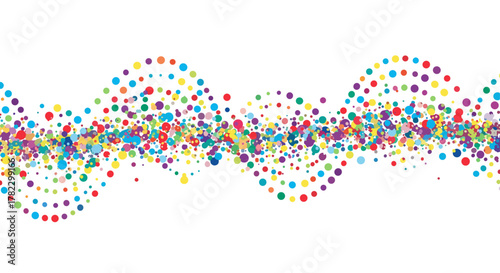 Abstract background of colorful confetti dots flowing in a wave pattern on a clean white background, creating a festive and vibrant sprinkle design perfect for celebration banners and graphic