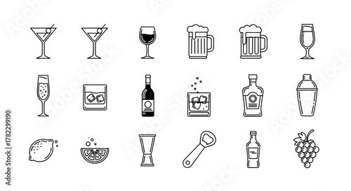A meticulously curated collection of 18 minimalist black line art icons representing various alcoholic beverages and bar essentials, presented on a clean white background, perfect for digital and
