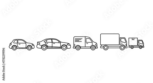 A collection of thin line icons representing various vehicles including a compact car, a sedan, a delivery van, a large truck, and a smaller delivery truck, perfect for web, print, and app design