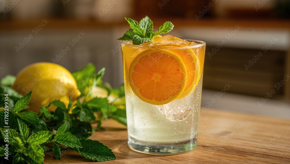 Fototapeta premium Refreshing Citrus Drink with Orange and Lemon in a Glass