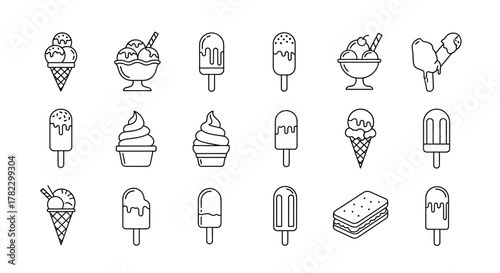 Collection of simple linear outline vector illustrations of ice cream and frozen desserts, including cones, cups, popsicles, and ice cream sandwiches, suitable for web, books, cards, and apps, with