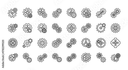 Collection of outline gear and cogwheel icons, representing mechanisms and industry. These editable stroke vector graphics are perfect for infographics, articles, books, flyers, and banners
