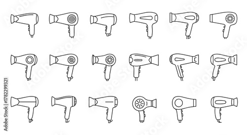 Collection of simple thin line art icons representing various hair dryers, perfect for web, books, cards, and apps. This vector cartoon illustration features an ordered set of diverse hairdryer