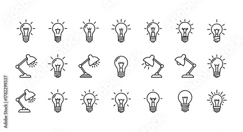 Collection of line art icons representing ideas and creativity, featuring various lightbulbs and desk lamps in a clean, modern style, perfect for technology and business concepts, presented on a