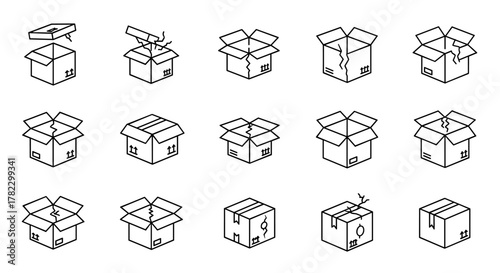 Set of isolated line art icons representing broken and damaged cardboard boxes, symbolizing shipping issues, delivery problems, and product damage. Includes various states of box damage, from