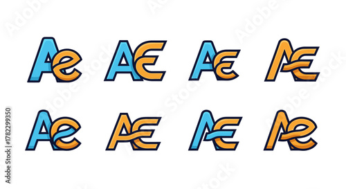 Set of 8 stylized 'AE' monograms and logos, featuring a blue capital 'A' and an orange lowercase 'e' or capital 'E' in various creative and modern designs, presented on a clean white background