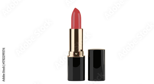A striking red lipstick with a golden accent and a black cap lies open against a clean white background, showcasing its rich color and elegant design, perfect for beauty and fashion themes.
