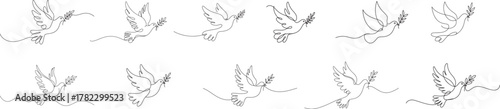 Set of outline graceful dove vector bird flying hand drawn sketch line art style.