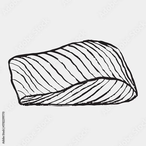 Hand drawn salmon sushi with textured fish slice on rice. Vector sketch illustration in vintage crayon charcoal style. Salmon fillet slice, seafood