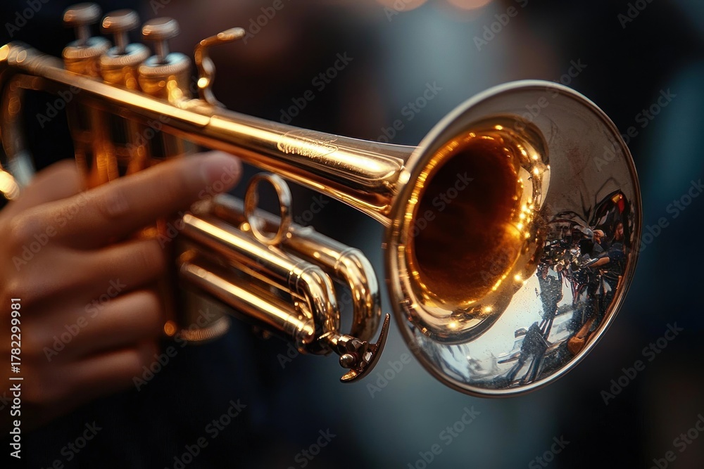 Fototapeta premium Close-up of a hand playing a shiny brass trumpet with reflective surface and blurred background