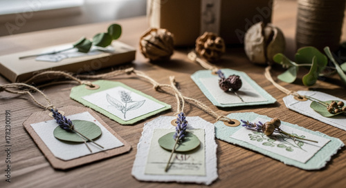 Rustic handmade gift tags with dried lavender, eucalyptus, and natural elements on wooden table, perfect for wedding favors or botanical decorations.