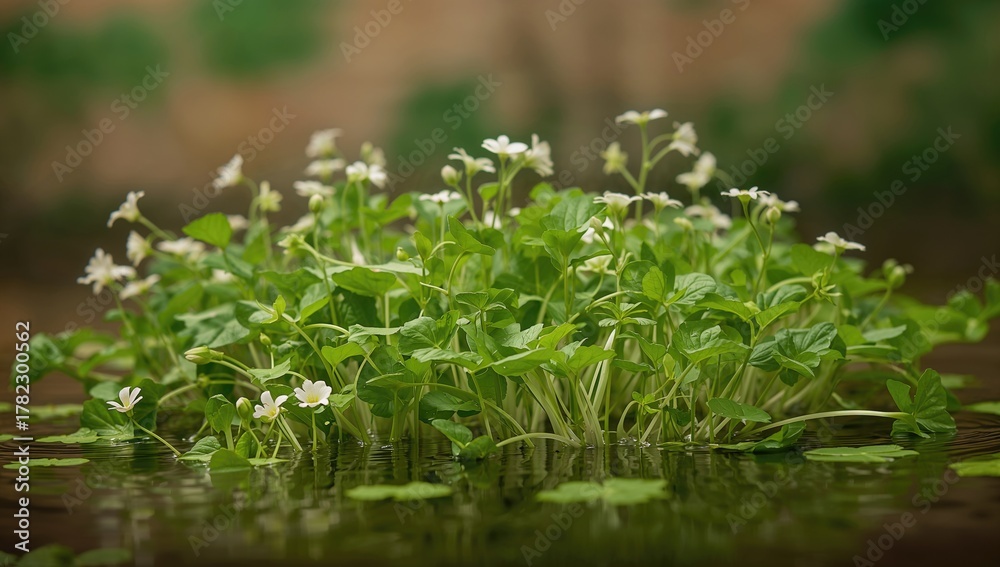 Naklejka premium Growing watercress, young plants beginning to bloom, fiber-dense choice