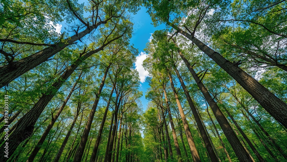 Fototapeta premium A vibrant composition of trees surrounding a clear blue sky, showcasing a thriving forest below, seasonal change