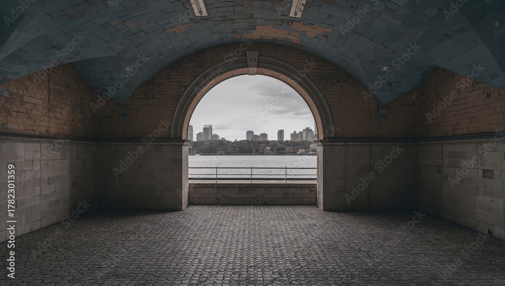 Fototapeta premium Stone archways overlooking a river and shoreline from an unused structure in a park, highlighting urban decay