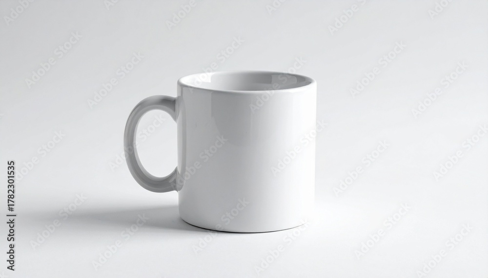 Fototapeta premium Plain white ceramic mug on light gray surface with neutral background showcasing minimalist clarity and customization potential
