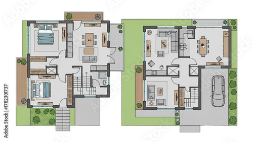 Detailed Floor Plans of Two Modern Houses with Interior Design Elements