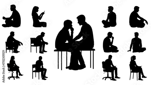 Silhouettes of Various People Sitting in Different Positions for Design Elements