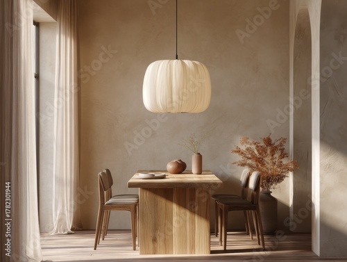 A table with a lamp hanging above it. There are four chairs around the table