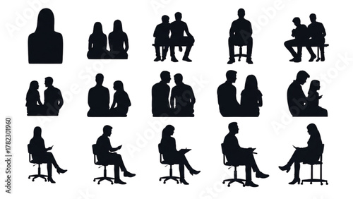 Diverse Silhouettes of People in Various Poses and Interactions