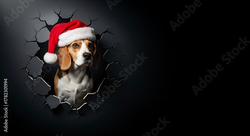 Festive Beagle Dog Bursting Through a Hole in the Wall.