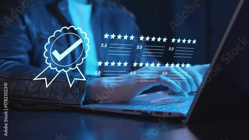 Online rating and customer feedback system on a digital interface, best service quality with 5.0 rating and guarantee satisfaction icon, product certification, ISO standards, and top-quality service