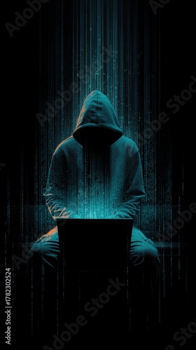 Vibrant photo of hacker using laptop for cyber attack, internet security concept in dark room